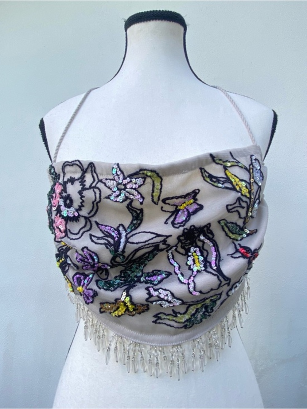 Urban Outfitters Cream Multicolor Sequn Bead Embellished Halter Top Size Small